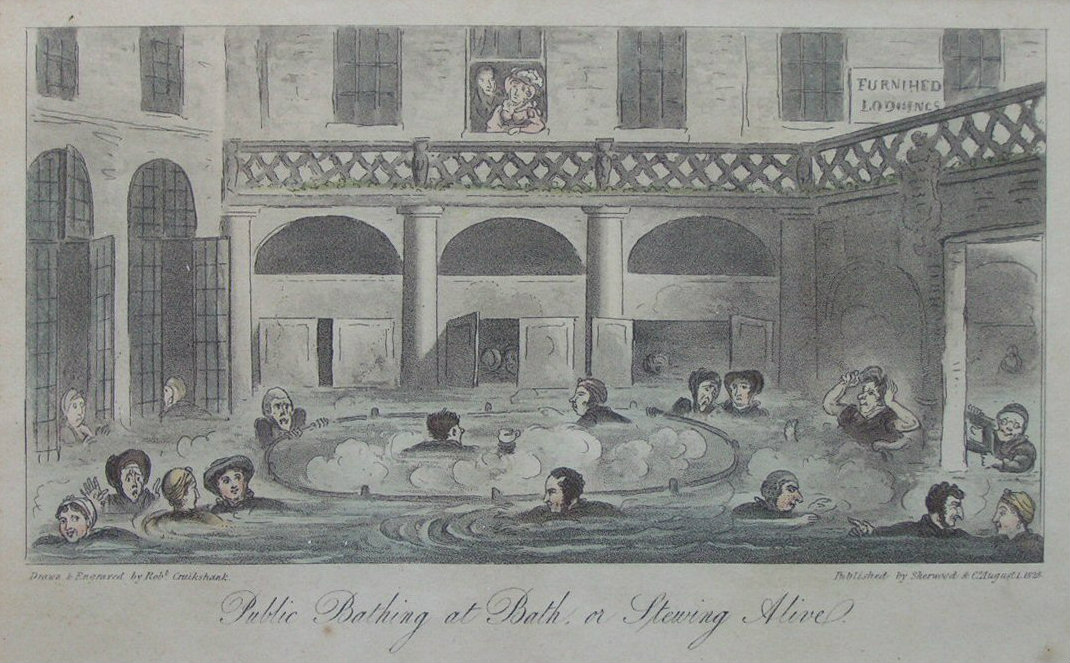 Aquatint - Public Bathing at Bath, or Stewing Alive. - Cruikshank